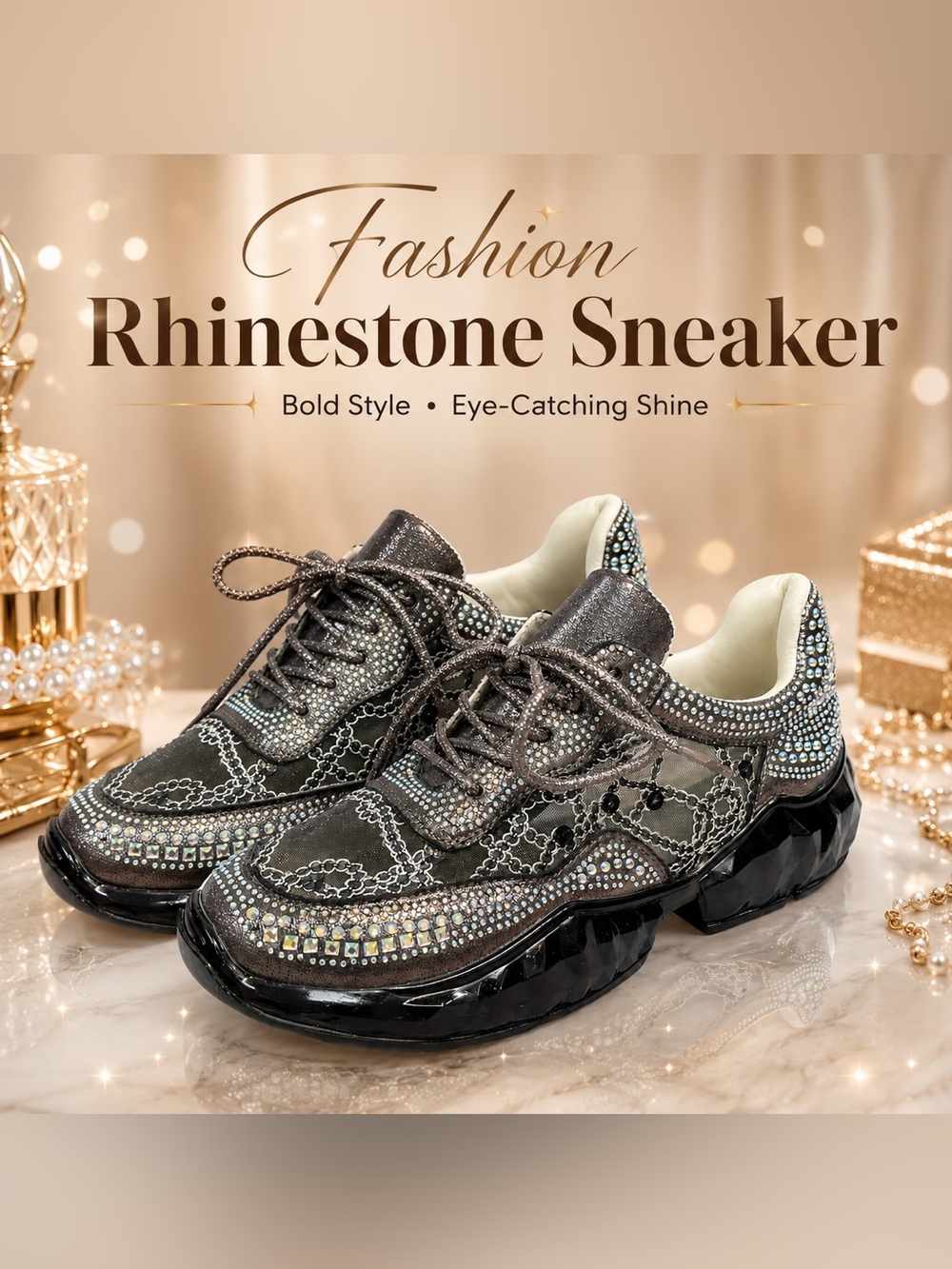 Women's Crystal-Embellished Metallic Gray Fashion Sneaker - Picture 6 of 7